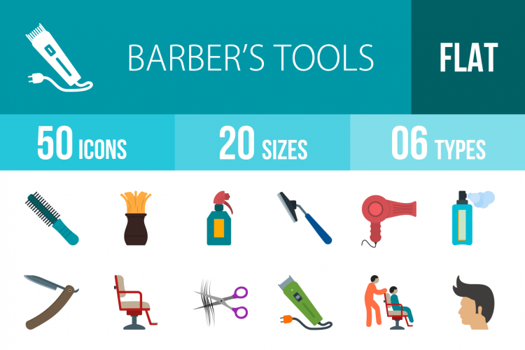 50 Barbers Tools Flat Multicolor Icons