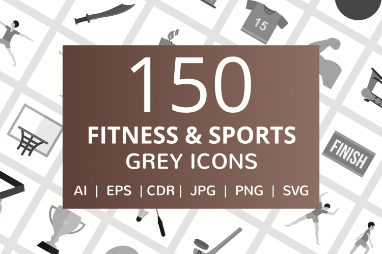 150 Fitness   Sports Flat Greyscale Icons