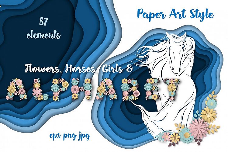 Horses, flowers & alphabet – Vector Paper Art Style