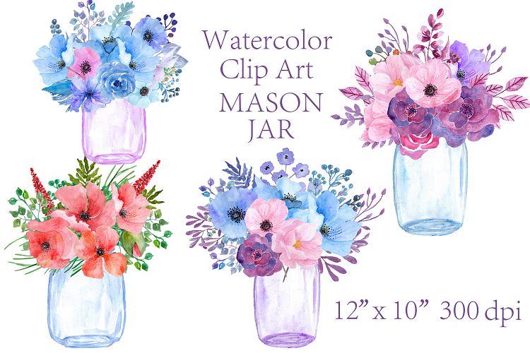 Watercolor floral  Mason Jars clipart 