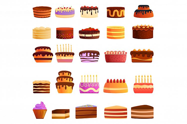 Cake icons set, cartoon style