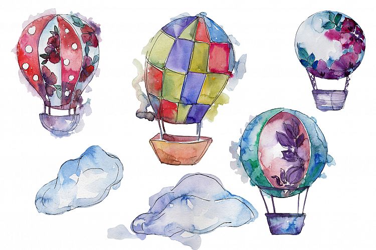Watercolor hot air balloon PNG set
