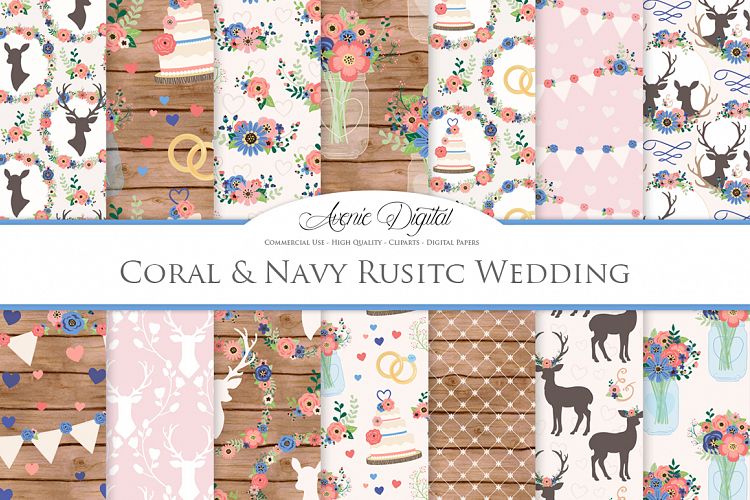 Coral and Navy Wedding Digital Paper - Navy and Pink Rustic Wedding Deer Seamless Patterns