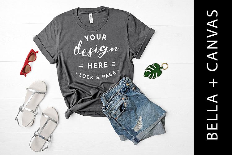 Asphalt Bella Canvas 3001 T Shirt Mockup Flat Lay White Wood