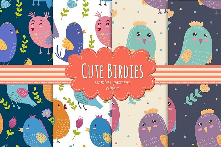 Cute Birdies: patterns & clipart example image 1