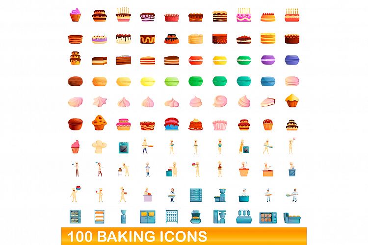 100 baking icons set, cartoon style example image 1