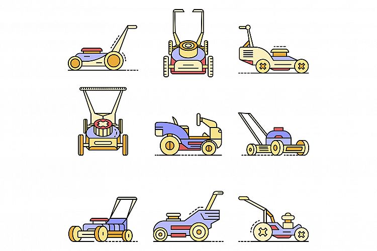 Lawnmower icon set line color vector example image 1