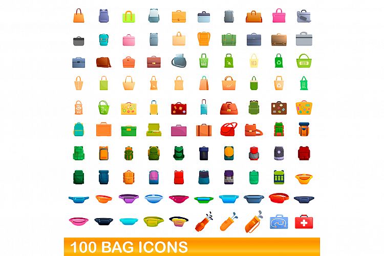 100 bag icons set, cartoon style example image 1