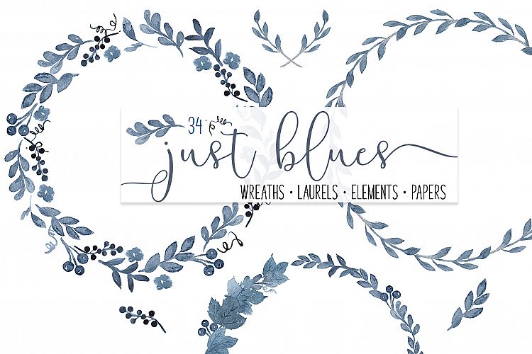 BUNDLE 34 piece blue watercolor clip art PNG