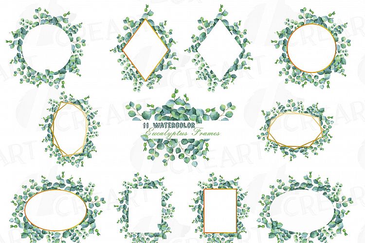 Eucalyptus frames watercolor clip art pack, Eucalyptus leaves design borders. PNG, jpg, svg, vector illustrator & corel files included