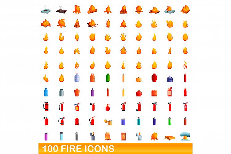 100 fire icons set, cartoon style