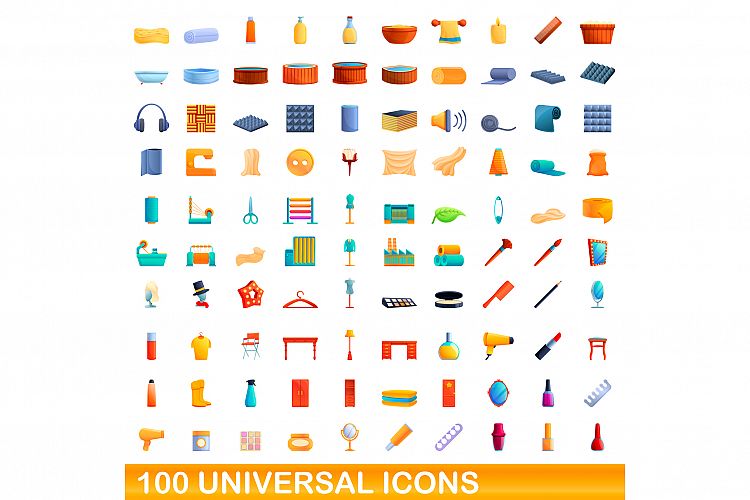 100 universal icons set, cartoon style