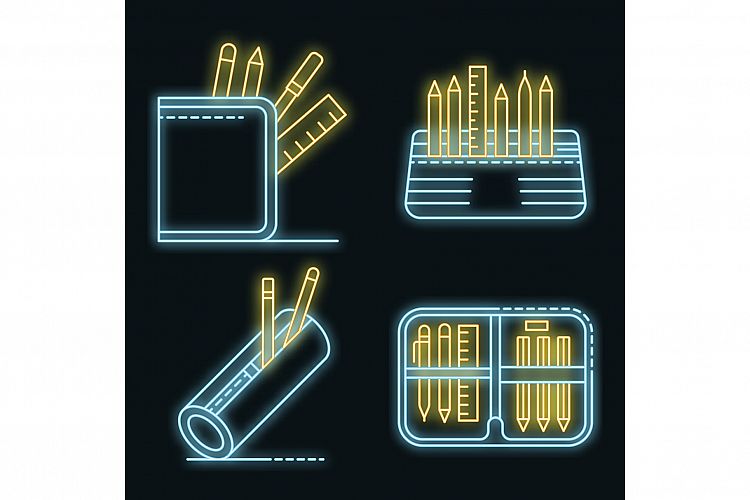 Pencil case icons set vector neon example image 1