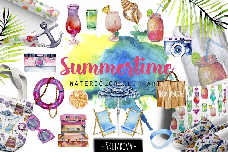 Summertime. Watercolor clip art.
