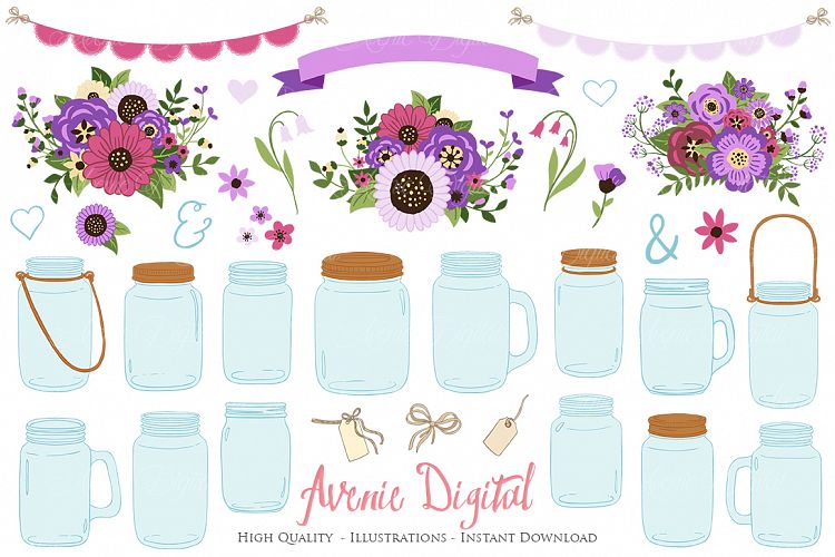 Purple Mason Jar Floral Purple Wedding Clipart