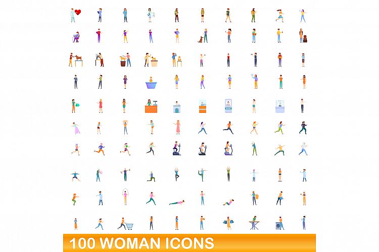 100 woman icons set, cartoon style example image 1
