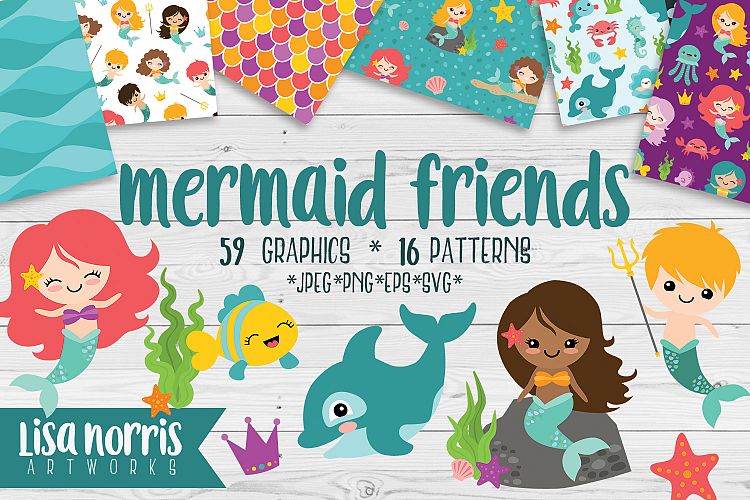 Mermaid Friends Clip Art, Patterns, & SVG Cutting Files