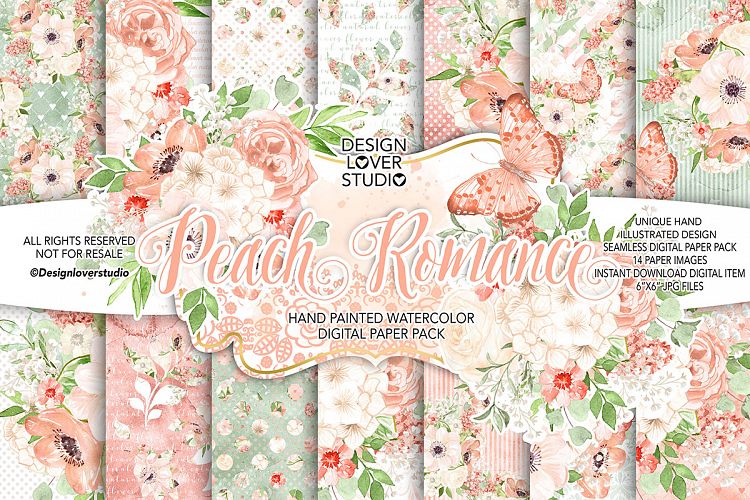Watercolor PEACH ROMANCE digital paper pack