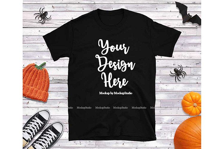 Halloween Fall Black Tshirt Mock Up, Gildan 64000 Flat Lay