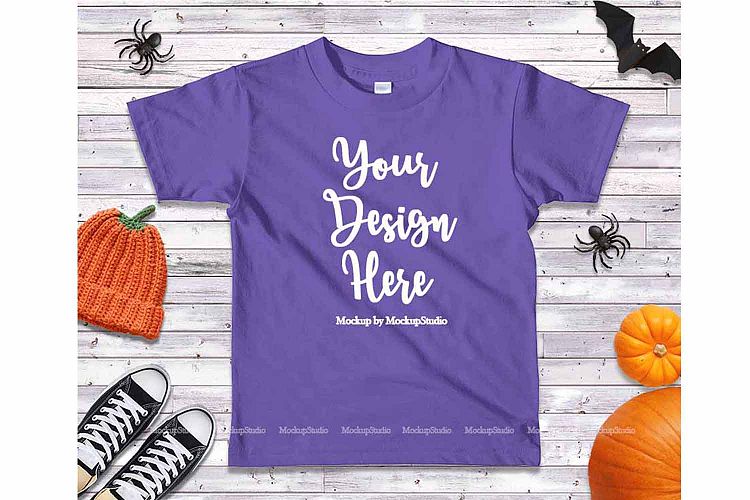 Halloween Purple Navy Kids Shirt Mockup Teen Flat Lay