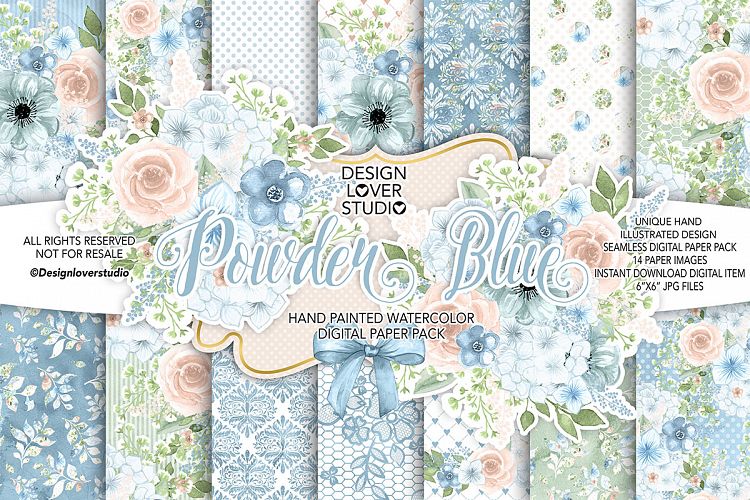 Watercolor POWDER BLUE digital paper pack