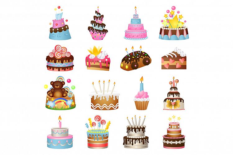 Cake birthday icons set, cartoon style