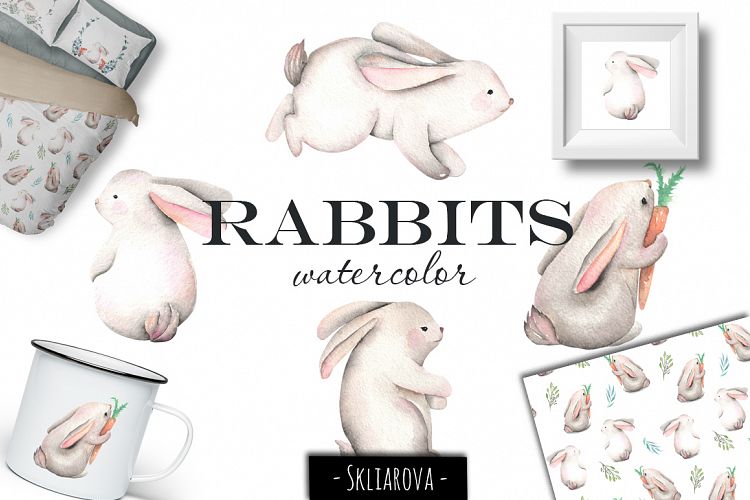 Rabbits. Watercolor clip art.