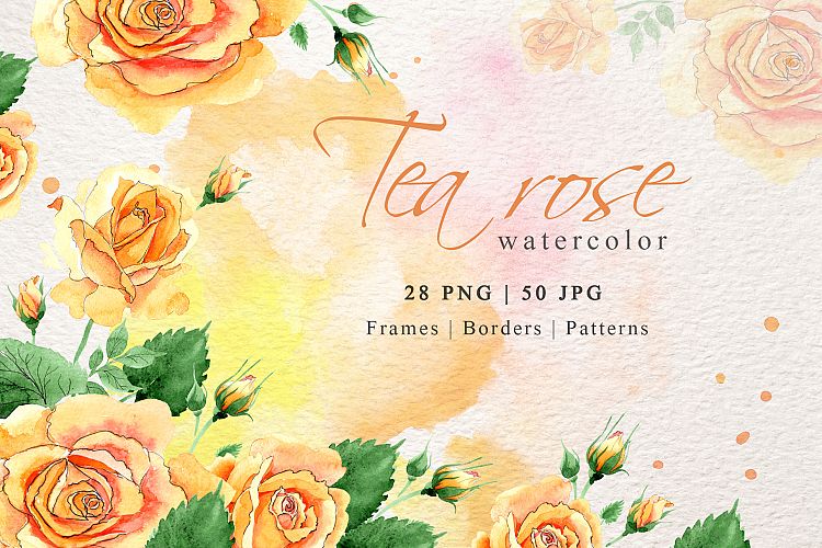 Watercolor tea yellow rose png set