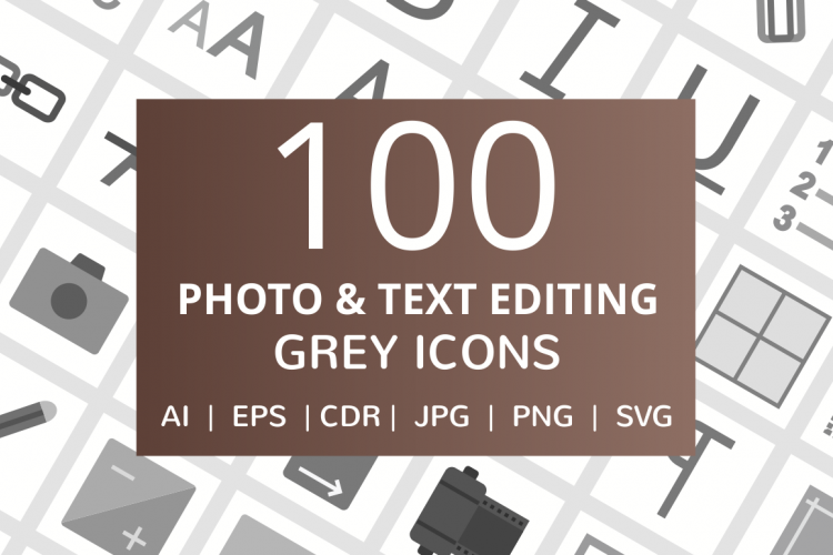 100 Photo   Text Editing Flat Greyscale Icons