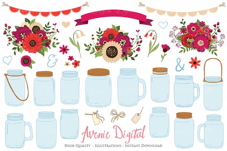 Red Christmas Floral Mason Jar Wedding Clipart