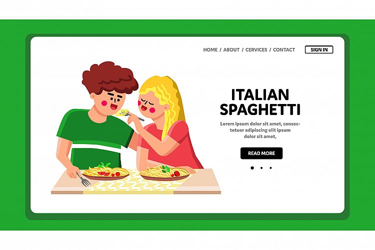 Italian Spaghetti Eat Couple In Restaurant Vector example image 1