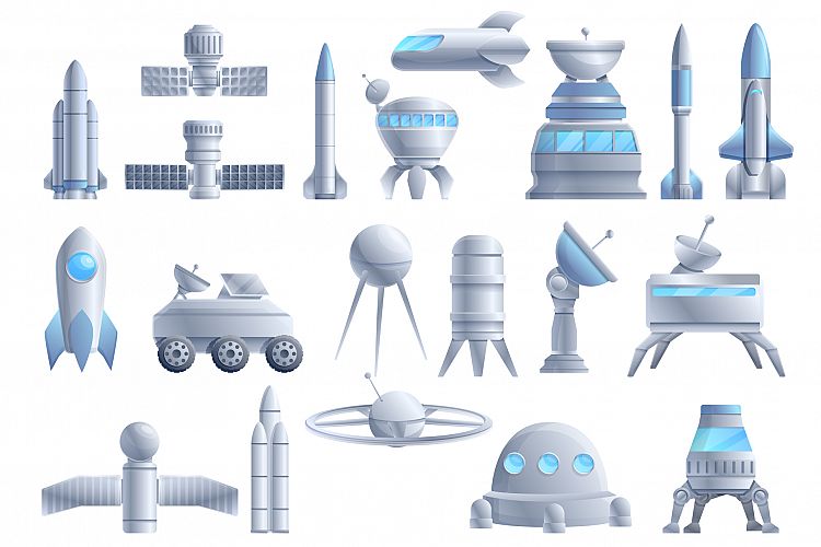 Space station icons set, cartoon style