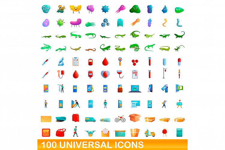 100 universal icons set, cartoon style