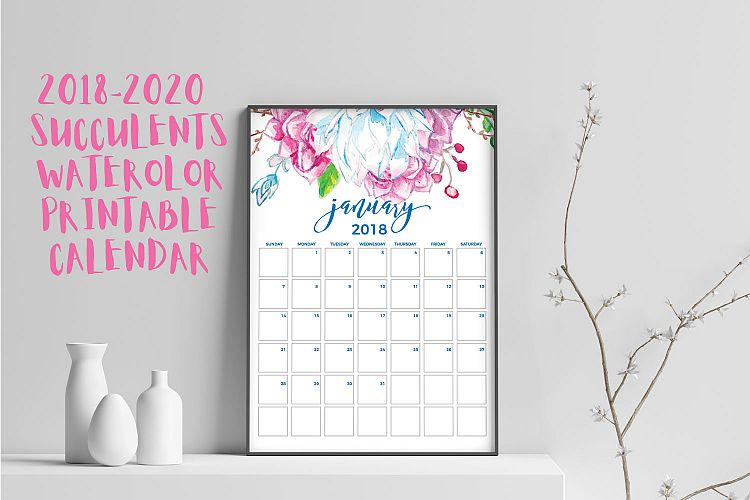 2018-2020 Succulents Watercolor Printable Calendar