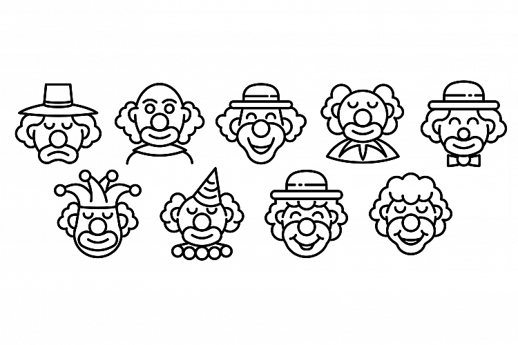 Clown icons set, outline style example image 1
