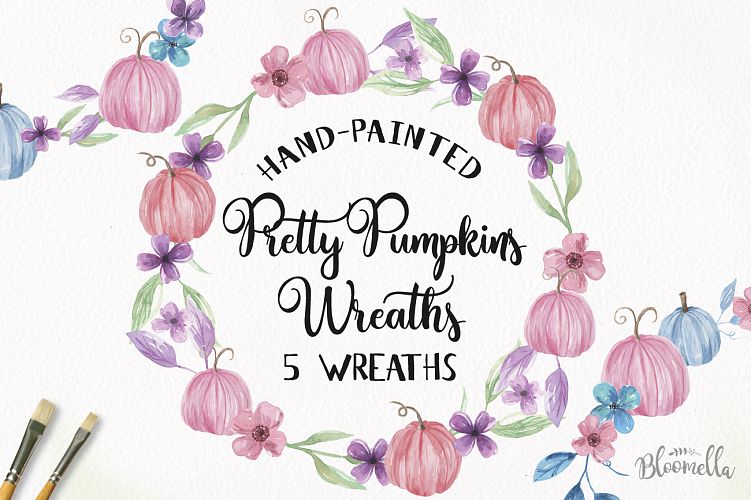 Pretty Pumpkin Harvest Pink Blue Watercolor Clipart Wreaths