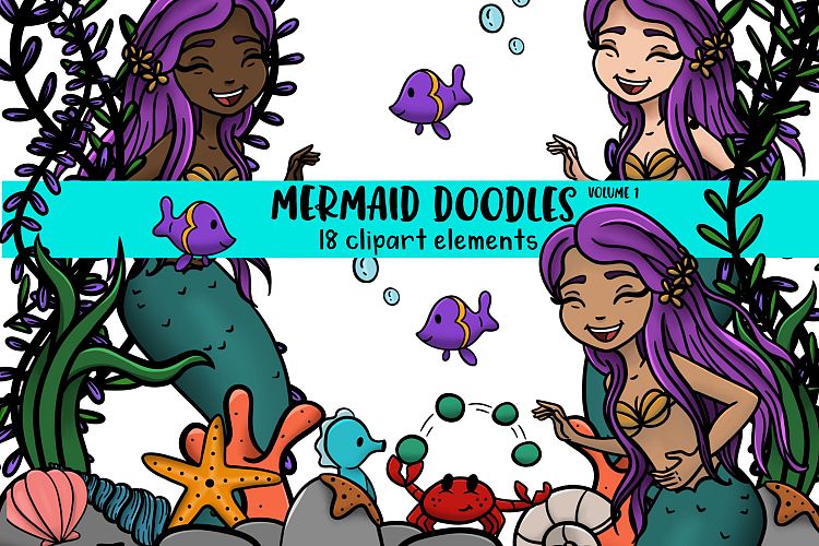 Mermaid Doodles Volume 1 18 clip art elements