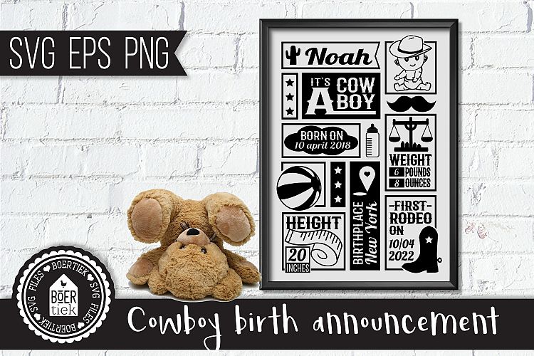 Cowboy birth announcement, baby birth stats template, SVG