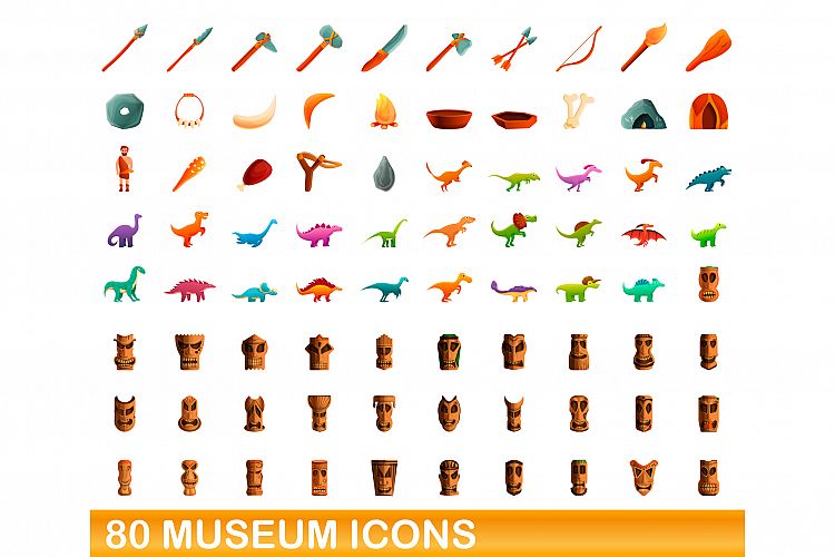 80 museum icons set, cartoon style