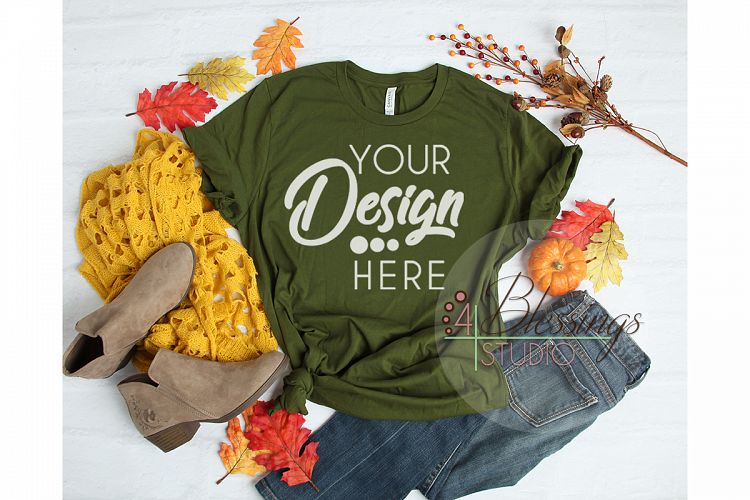 Fall Flat Lay Mockup Bella Canvas 3001 Olive Green color Tee