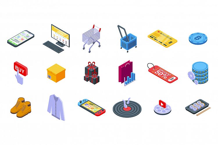 Online shopping icons set, isometric style example image 1