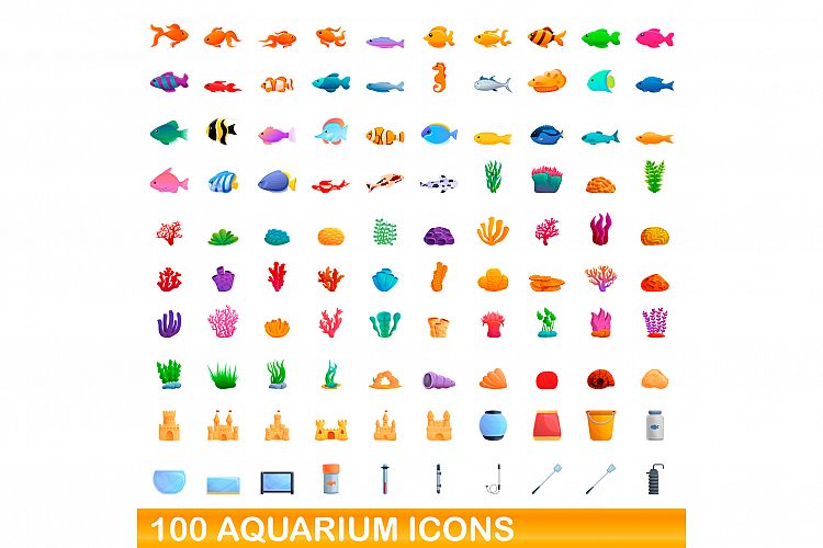 100 aquarium icons set, cartoon style example image 1