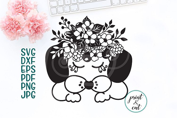 Puppy Dog face closed eyes with flowers for cutting print