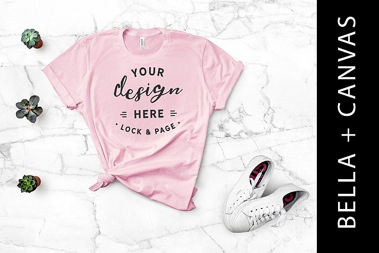 Pink Bella Canvas 3001 T-Shirt Mockup White Tennis Shoes