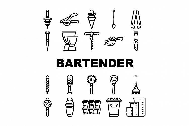 Bartender Accessory Collection Icons Set Vector example image 1