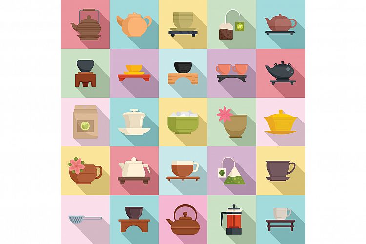 Tea ceremony icons set, flat style example image 1