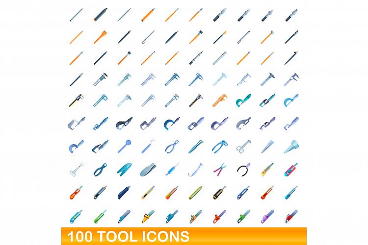 100 tool icons set, cartoon style example image 1