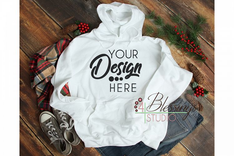 Christmas White Hoodie Sweatshirt Mockup Unisex Hooded Shirt