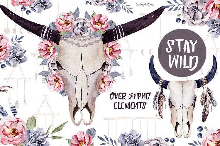 Stay wild boho skulls & watercolor bouquets