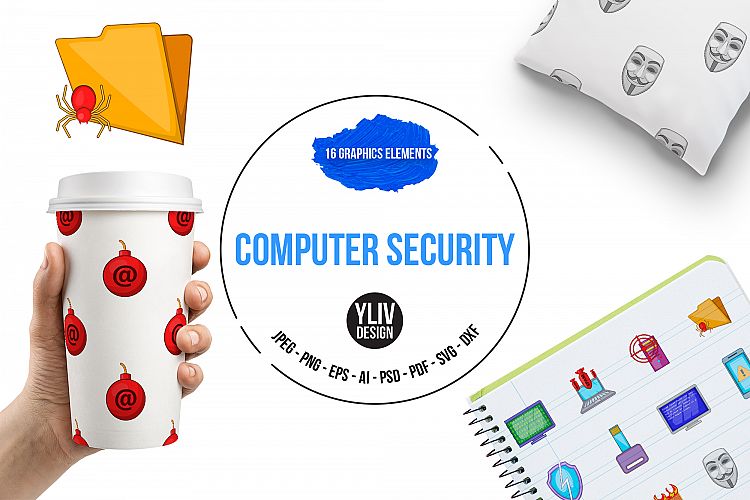 Computer security icons set, cartoon style
